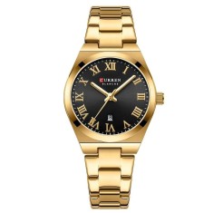 Ceas Dama CURREN 9095L Aur Complet, Cadran Negru, Quartz, Elegant cu Calendar, Bratara Metalica, Rezistent la Apa 3 ATM