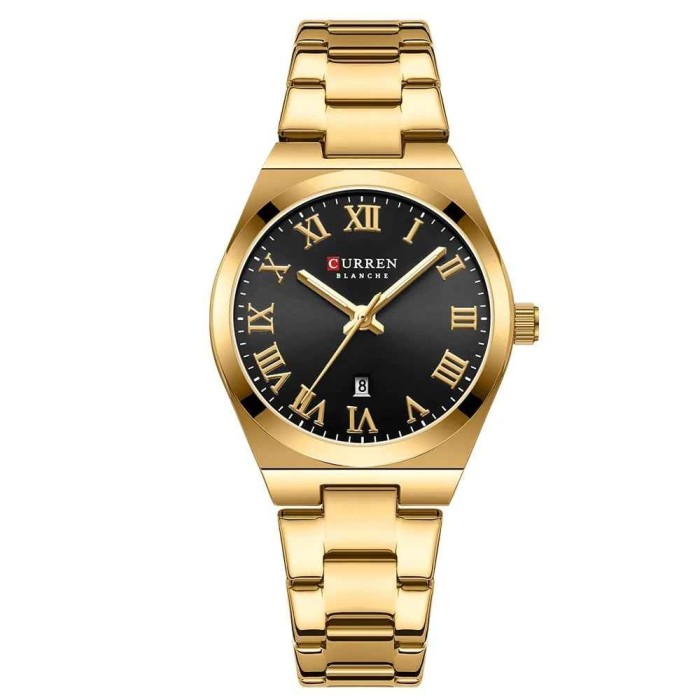 Ceas Dama CURREN 9095L Aur Complet, Cadran Negru, Quartz, Elegant cu Calendar, Bratara Metalica, Rezistent la Apa 3 ATM