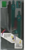Trusa geometrie (2 echere, compas, raportor, creion, mine, pix, guma, rigla), verde