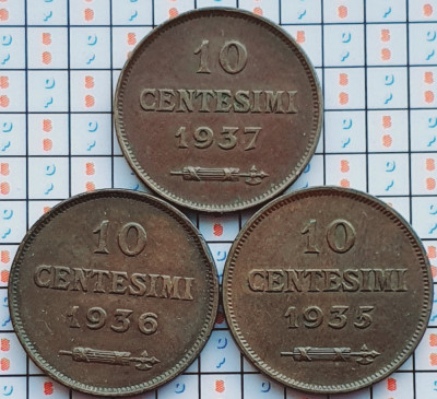 set 3 monede San Marino 10 centesimi 1935, 1936, 1937 - km 13 - A034 foto