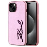 Husa iPhone 15 Karl Lagerfeld Hardcase Leather, Metal Signature, roz, KLHCP15SPFMFBKMP