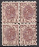 ROMANIA 1900/1906 LP 54 d REGELE CAROL I SPIC DE GRAU FARA FILIGRAN VAL. 3 BANI BRUN ROSCAT INCHIS GUMA ORIGINALA BLOC DE 4 TIMBRE STARE MNH/SARNIERA, Nestampilat