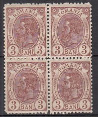ROMANIA 1900/1906 LP 54 d REGELE CAROL I SPIC DE GRAU FARA FILIGRAN VAL. 3 BANI BRUN ROSCAT INCHIS GUMA ORIGINALA BLOC DE 4 TIMBRE STARE MNH/SARNIERA