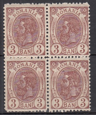 ROMANIA 1900/1906 LP 54 d REGELE CAROL I SPIC DE GRAU FARA FILIGRAN VAL. 3 BANI BRUN ROSCAT INCHIS GUMA ORIGINALA BLOC DE 4 TIMBRE STARE MNH/SARNIERA foto