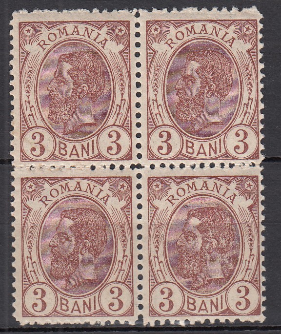 ROMANIA 1900/1906 LP 54 d REGELE CAROL I SPIC DE GRAU FARA FILIGRAN VAL. 3 BANI BRUN ROSCAT INCHIS GUMA ORIGINALA BLOC DE 4 TIMBRE STARE MNH/SARNIERA