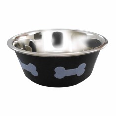 Bol pentru hrana animale, inox, model oase, diametru 17 cm, Negru