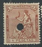 Spain 1873 Hispania 4 Peseta Mi.133 PUNCH HOLE used telegraphic cancels AM.435, Stampilat