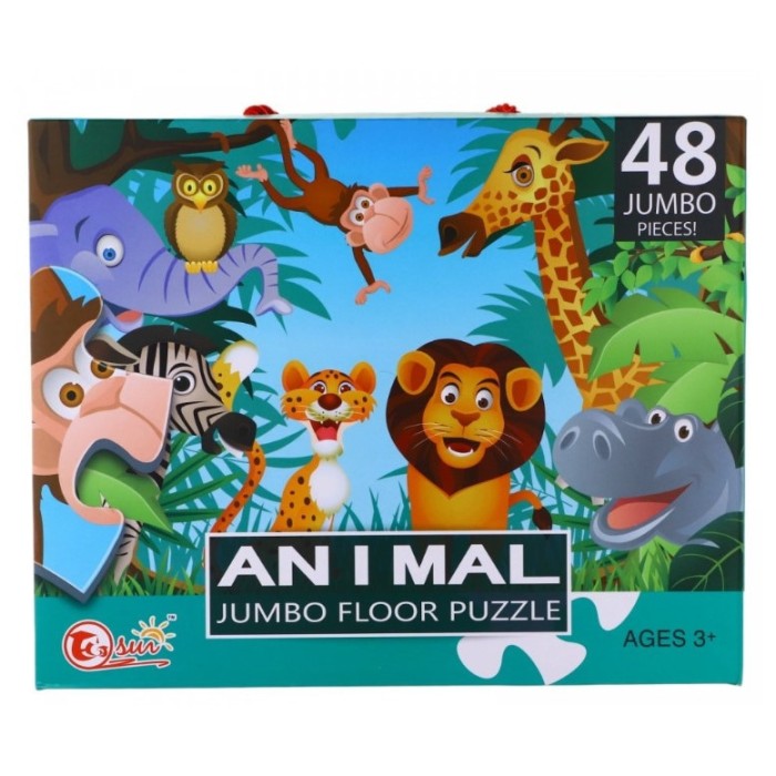 Puzzle Jumbo, Jungla animalelor, 48 piese mari, Carton, Multicolor, + 3 ani