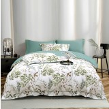 Lenjerie de lux pentru pat dublu,bumbac finet,6 piese,cearceaf cu elastic,alba verde cu frunze-A991