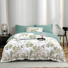 Lenjerie de lux pentru pat dublu,bumbac finet,6 piese,cearceaf cu elastic,alba verde cu frunze-A991