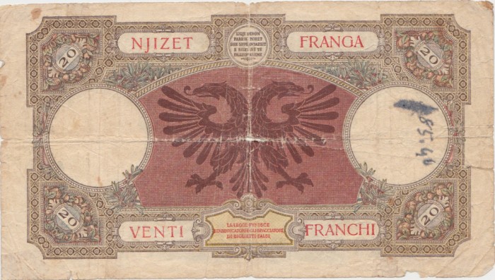 ALBANIA 20 Franga ND (1939) UZATA