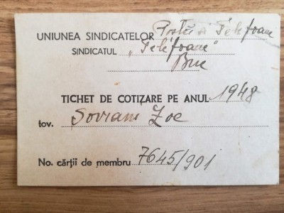1948, Uniunea Sindicatelor Poștă și Telefoane, Tichet de cotizare, cu ștampile foto