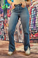 F914-4 Blugi drepti cu talie inalta si crapatura la glezne