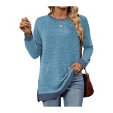 Tricou Cuptacc pentru femei cu guler rotund, larg, elegant, cu combinare de culori și m&acirc;neci lungi