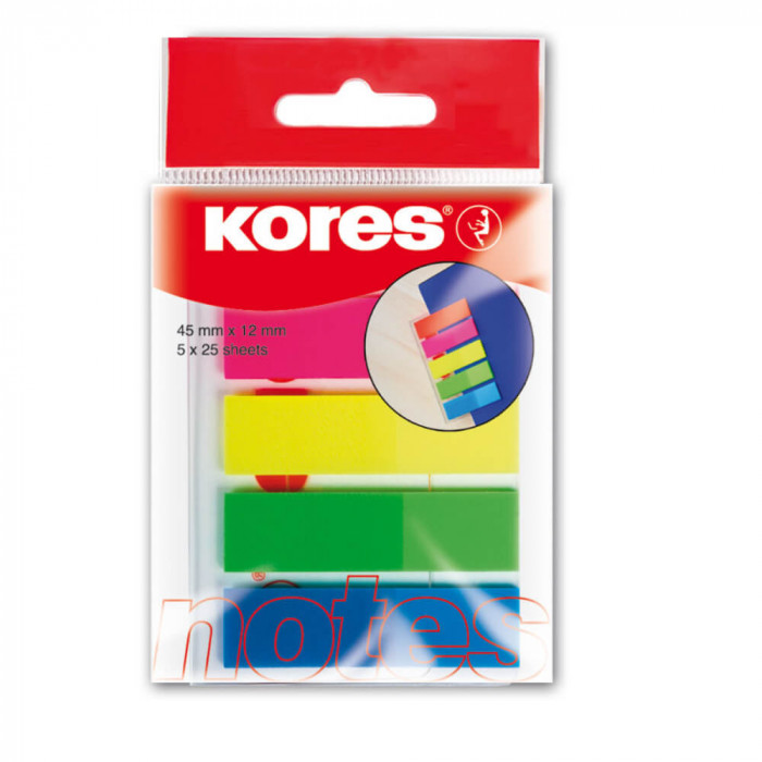 Index din Plastic Kores, 5 Culori, 25 File/Culoare, 12x45 mm, Indexuri, Evidentiatoare Documente, Evidentiatoare Carti, Evidentiatoare Caiete, Evident