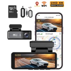 Camera auto de bord DVR QOVU&reg; S5, Full Kit, Single 4K Fata, Card 64GB &amp; Kit monitorizare parcare incluse, Senzor Coliziune, GPS &amp; WiFi, Vedere nocturn