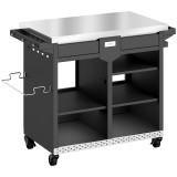 Outsunny Cărucior grătar 5-nivele Masă laterală cu suprafață de lucru din oțel inoxidabil rafturi reglabile sertar roți suport condimente suport proso