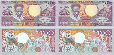 2 x 1986 ( 1 VII ) , 100 gulden ( P-133a.1 ) - Surinam - stare UNC foto