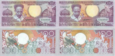 2 x 1986 ( 1 VII ) , 100 gulden ( P-133a.1 ) - Surinam - stare UNC foto