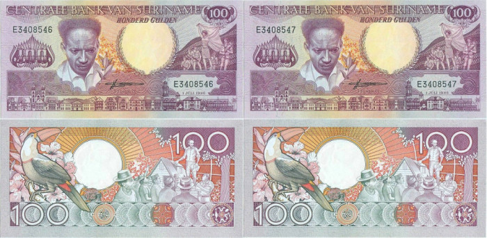 2 x 1986 ( 1 VII ) , 100 gulden ( P-133a.1 ) - Surinam - stare UNC