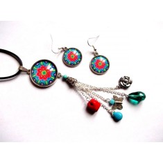 Set mandala cu howlite color, set colier si cercei sticla 33954