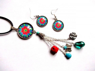 Set mandala cu howlite color, set colier si cercei sticla 33954 foto