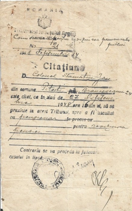 A3456N Citație, Tribunalul Județului Argeș, Pitești, 1948