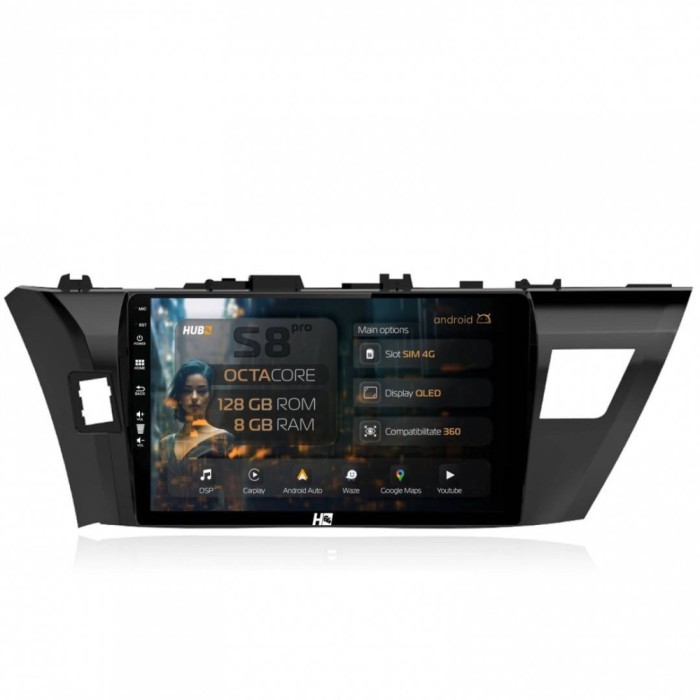 Navigatie Toyota Corolla (2012-2016) 8GB RAM Android 13 Octacore Slot Sim 4G DSP GPS Wi-FI Carplay Android Auto USB Bluetooth Waze Touchscreen 10.1 In
