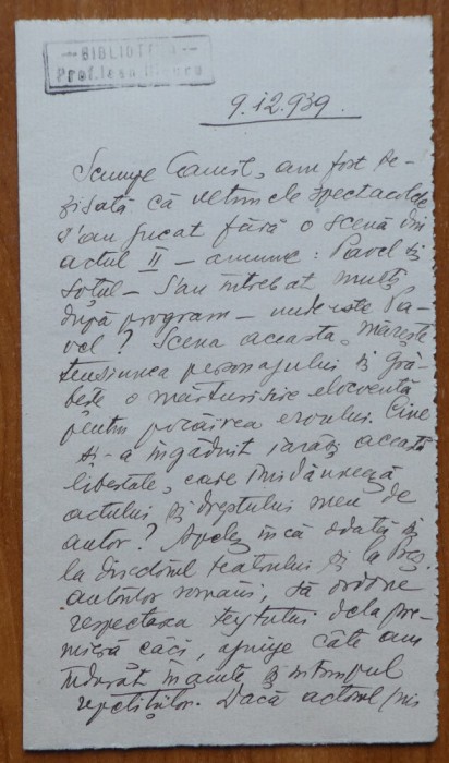 Scrisoare a poetei Claudia Millian, sotia lui I. Minulescu, catre Camil Petrescu