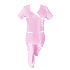 Costum Medical Pe Stil, Roz deschis cu Elastan Cu Paspoal si Garnitură alba, Model Nicoleta - M, L