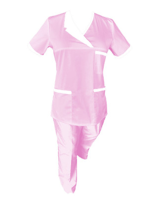 Costum Medical Pe Stil, Roz deschis cu Elastan Cu Paspoal si Garnitură alba, Model Nicoleta - 3XL, 3XL foto