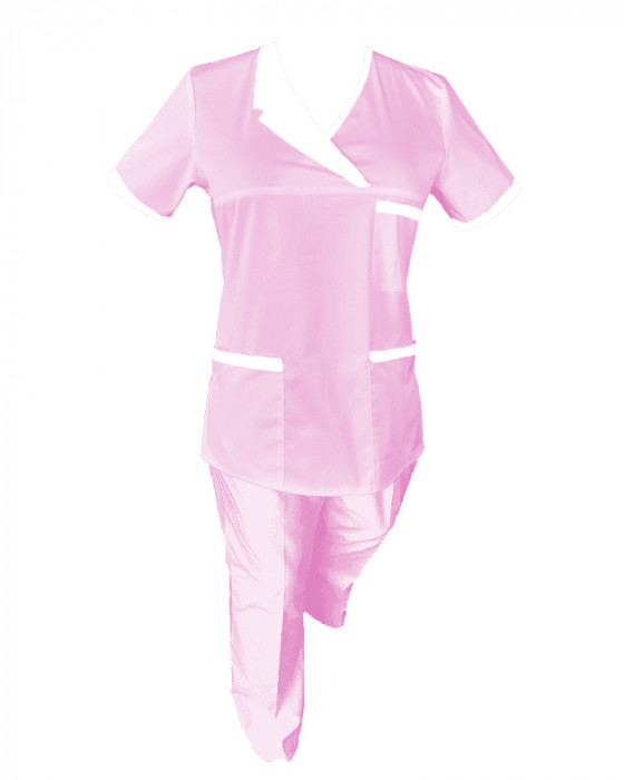 Costum Medical Pe Stil, Roz deschis cu Elastan Cu Paspoal si Garnitură alba, Model Nicoleta - S, 4XL