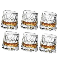 Set 6 pahare elegante Pufo din sticlă transparentă cu design artistic si fund bombat inclinat, pentru whisky sau bauturi fine, 160 ml foto