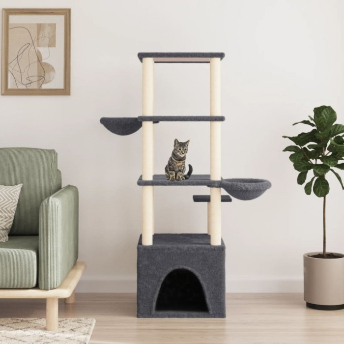 vidaXL Ansamblu pisici cu st&acirc;lpi din funie sisal, gri &icirc;nchis, 147 cm