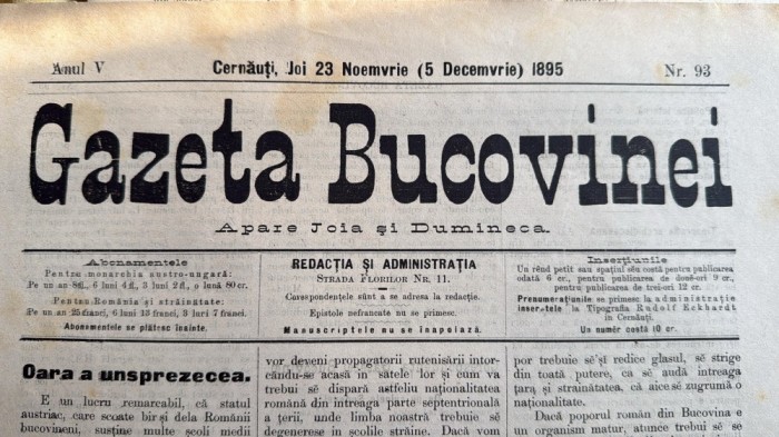 GAZETA BUCOVINEI,CERNAUTI ANUL V -nov.-dec. 1895 /LOT PATRU(4) NUMERE CONSECUTIVE:92,93,94,95 /CONTIN STAMPILE FISCALE IMPERIALE AUSTRO-UNGARE