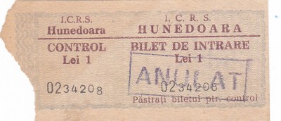 BILET DE INTRARE CINEMA 1950 I.C.R.S. HUNEDOARA RAR &amp;quot;ANULAT&amp;quot; foto