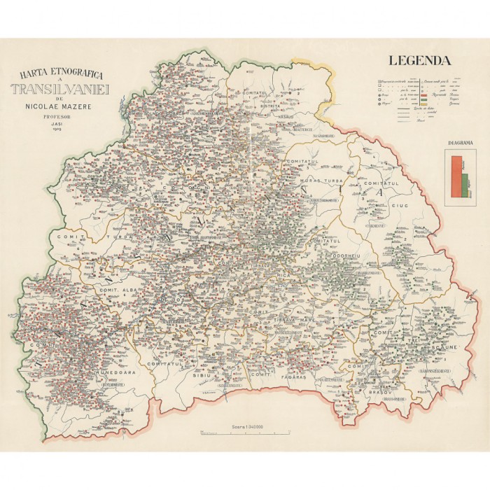 Poster Harta etnografica Transilvania, 1909, 50x70cm, repro