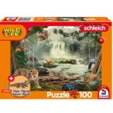 Puzzle 100 piese, Viata salbatica, in padurea tropicala + Cadou: figurina pui de crocodil, Schimdt