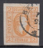 ROMANIA 1865 LP 15 ALEXANDRU IOAN CUZA CUZA EFIGIA IN OVAL 2 PARALE PORTOCALIU HARTIE VARGATA VERTICAL POINCON STAMPILAT