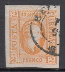 ROMANIA 1865 LP 15 ALEXANDRU IOAN CUZA CUZA EFIGIA IN OVAL 2 PARALE PORTOCALIU HARTIE VARGATA VERTICAL POINCON STAMPILAT