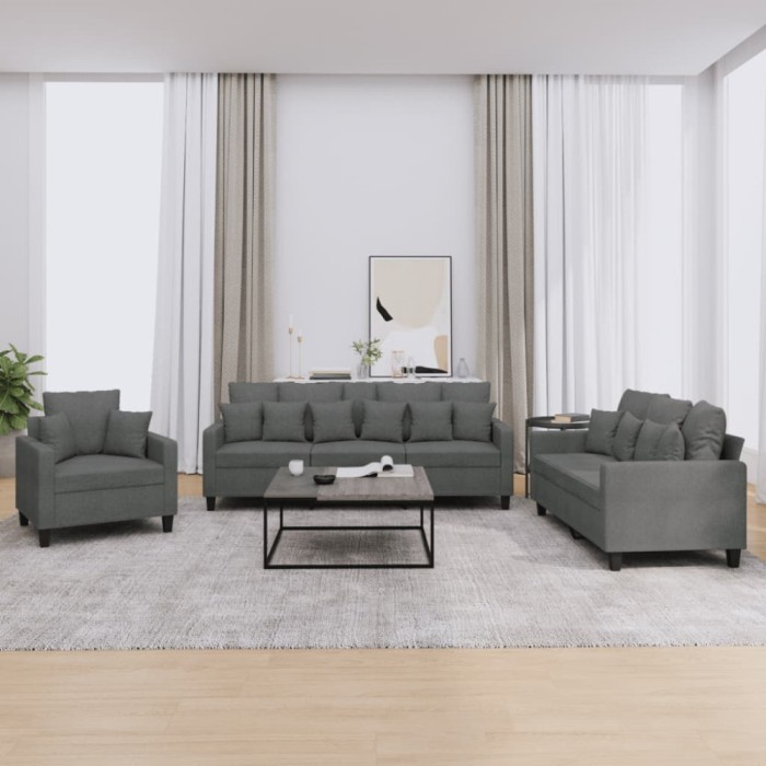 vidaXL Set de canapele cu perne, 3 piese, gri &icirc;nchis, textil 3201633