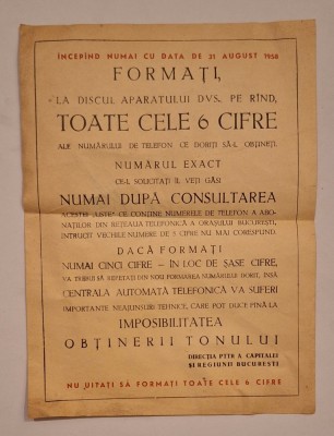 Afiș telefonic București 1958 &amp;ndash; trecerea la 6 cifre &amp;ndash; Direcția P.T.T.R. foto