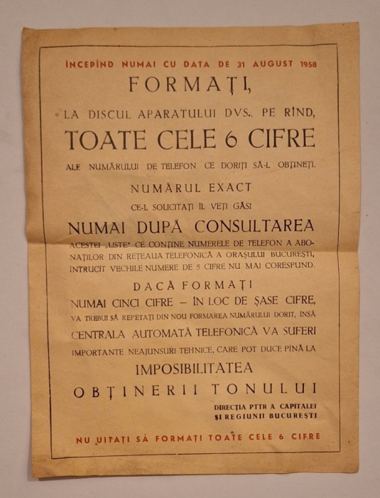Afiș telefonic București 1958 &ndash; trecerea la 6 cifre &ndash; Direcția P.T.T.R.