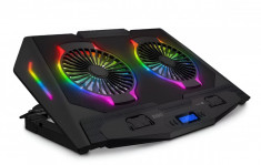 Cooler Laptop Gaming RGB, Inaltime Reglabila, 7 Trepte Viteza, Iluminare LED, Display LCD, 2 Porturi USB, Universal, 17&amp;quot;, Suport Telefon Incorporat foto