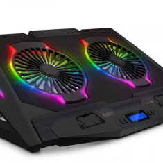 Cooler Laptop Gaming RGB, Inaltime Reglabila, 7 Trepte Viteza, Iluminare LED, Display LCD, 2 Porturi USB, Universal, 17", Suport Telefon Incorporat
