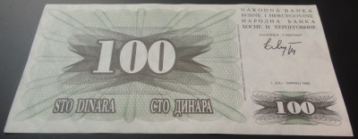 Bancnota 100 Dinari - Bosnia Hertegovina, anul 1992 *cod 218 = A.UNC foto