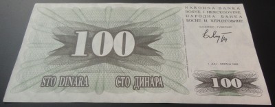 Bancnota 100 Dinari - Bosnia Hertegovina, anul 1992 *cod 218 = A.UNC foto