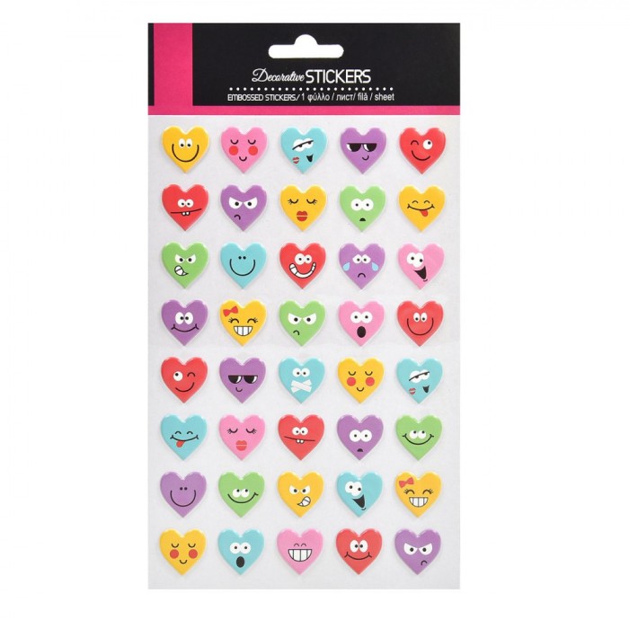 Set Autocolante, Model Inimi Cu Față Z&acirc;mbitoare, Multicolor, 40 Bucăți