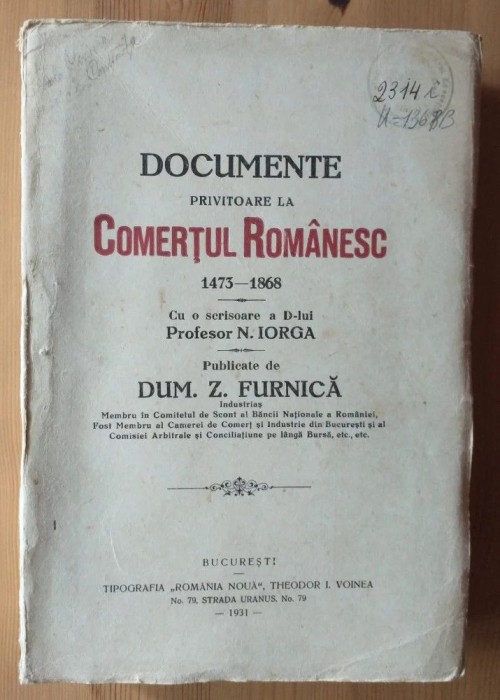 Dum. Z. Furnică (autograf) - Documente privitoare la comerțul rom&acirc;nesc 1473 1868