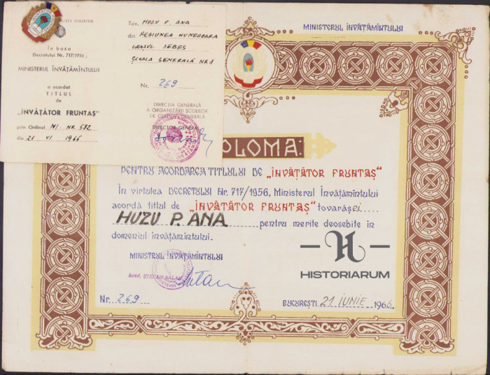 HST 143S Diploma + legitimatie + insigna invatator fruntas 1966